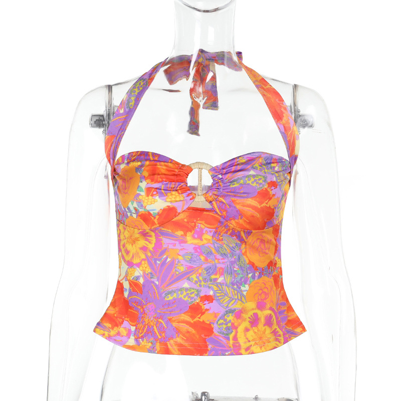 Women's Printed Halter Neck Tie-Front Crop Top