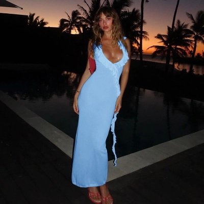 2025 Summer New Adjustable Strap Ruffle Trim Slip Mini Bodycon Dress 02