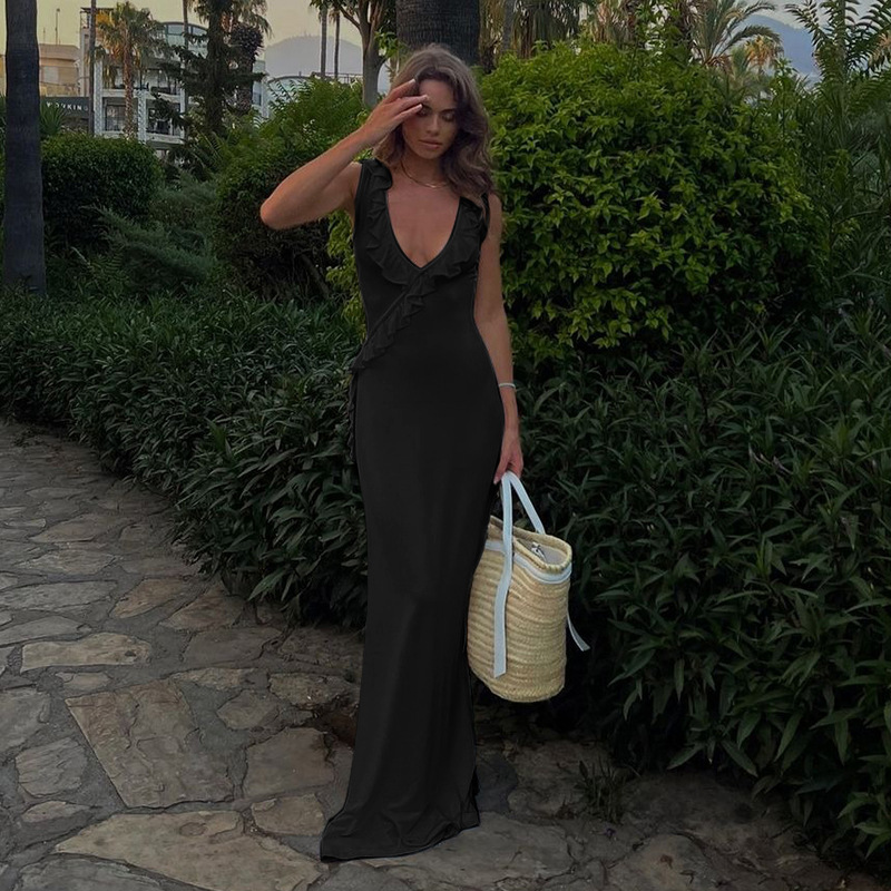 2025 Summer New Adjustable Strap Ruffle Trim Slip Mini Bodycon Dress