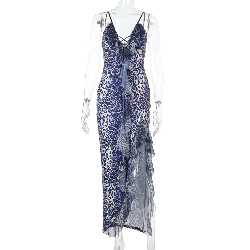 2025 New V-Neck Adjustable Strap Maxi with Back Cutout & Side Slit Animal Print Slip Dress