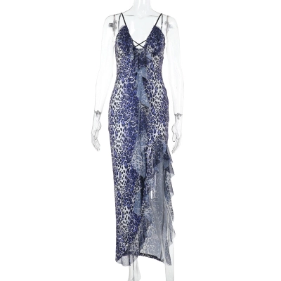 2025 New V-Neck Adjustable Strap Maxi with Back Cutout & Side Slit Animal Print Slip Dress 01