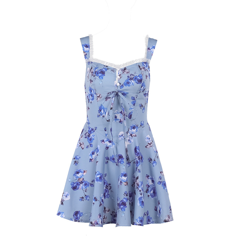 2025 Spring New V-Neck Adjustable Strap Midi Dress with Side Split Floral A-Line Sundress