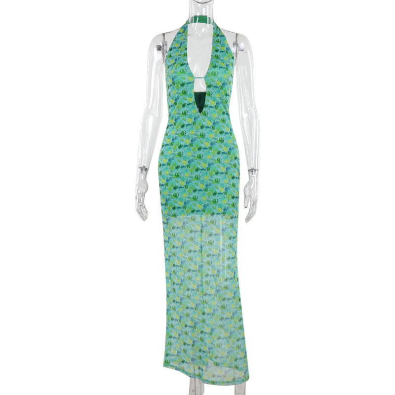 2025 Spring New V-Neck Sleeveless Midi with Cutout Detail & Bold Pattern Printed Fitted Dress