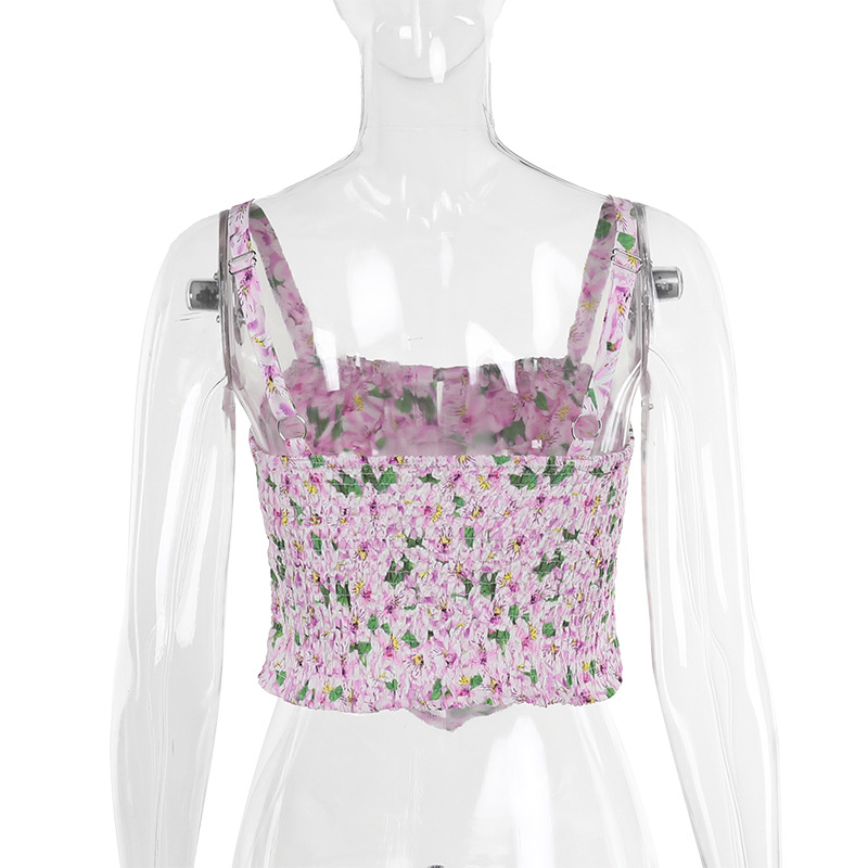 2025 Summer New Adjustable Strap Resort Wear with Drawstring Waist Printed Cropped Tank Top