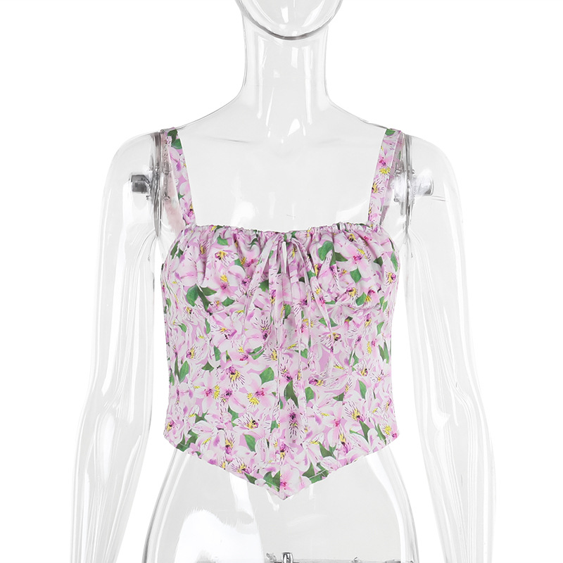 2025 Summer New Adjustable Strap Resort Wear with Drawstring Waist Printed Cropped Tank Top