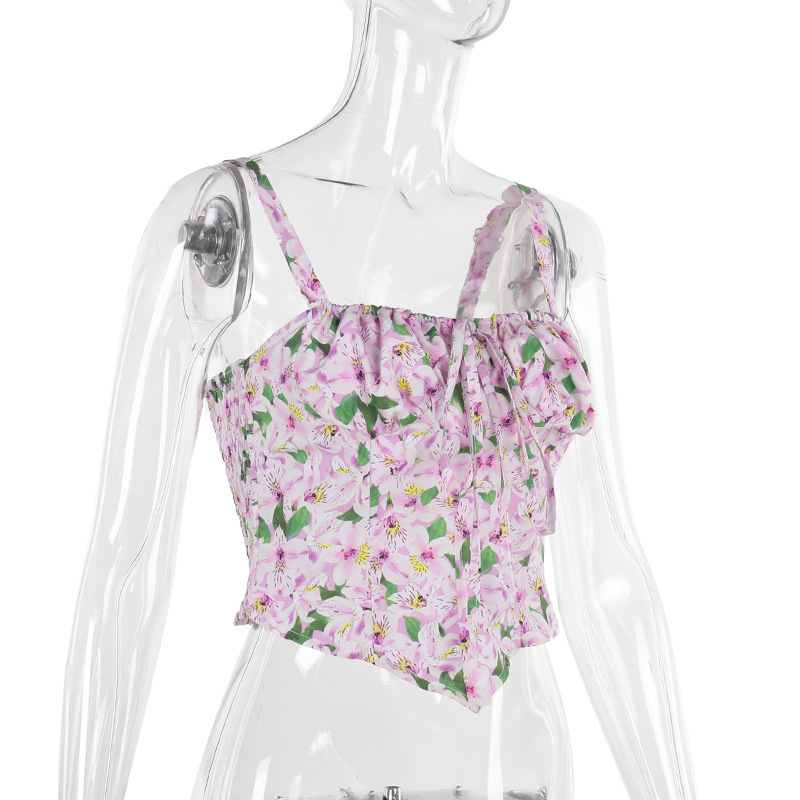 2025 Summer New Adjustable Strap Resort Wear with Drawstring Waist Printed Cropped Tank Top