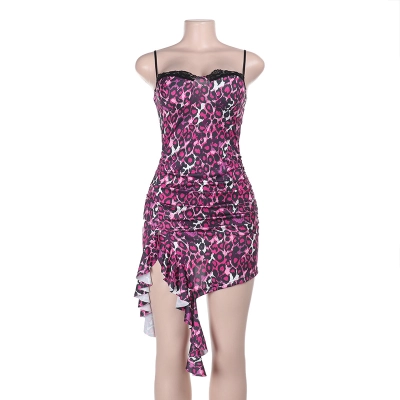 2025 New Adjustable Strap Dress with Lace Trim & Side Split Printed Slip Mini Dress 01