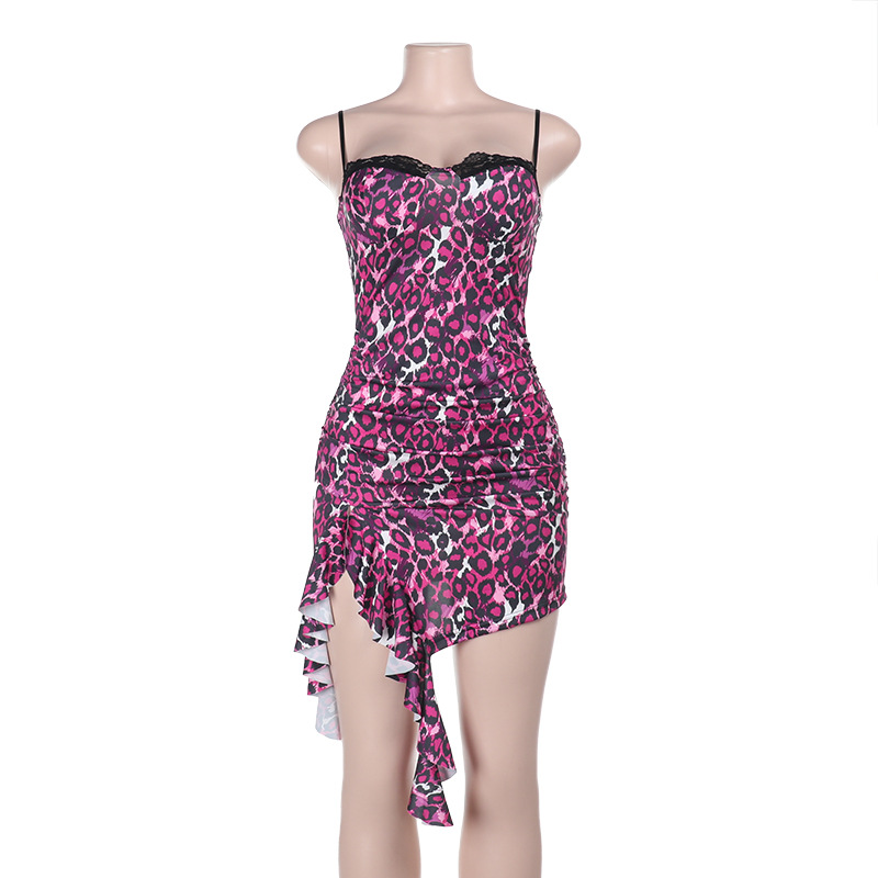 2025 New Adjustable Strap Dress with Lace Trim & Side Split Printed Slip Mini Dress