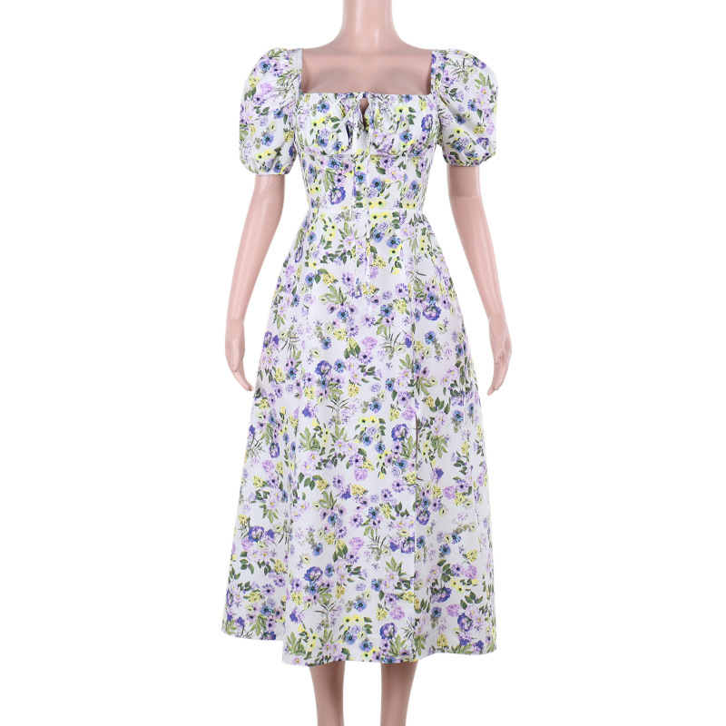 V-Neck with Back Cutout & Adjustable Tie Straps Printed A-Line Midi Dress