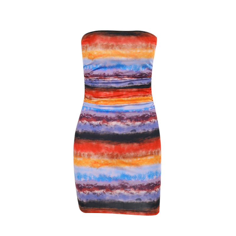 Tube Neck Fitted Waist Dress with Ombre Pattern Gradient Print Midi Dress