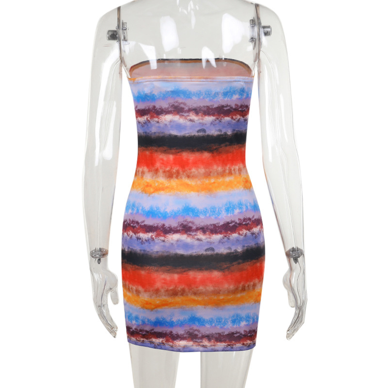 Tube Neck Fitted Waist Dress with Ombre Pattern Gradient Print Midi Dress