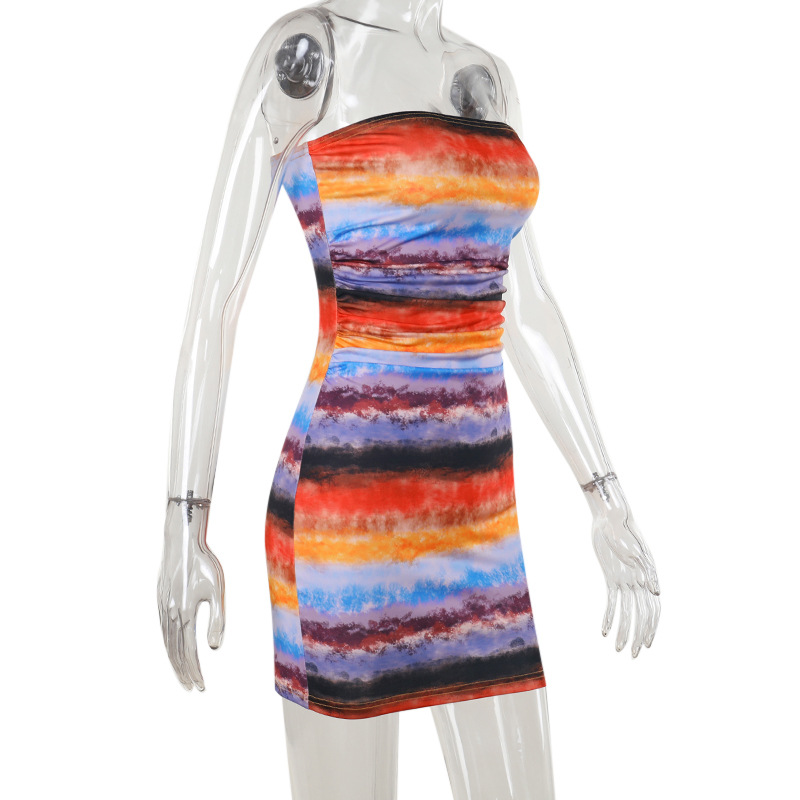 Tube Neck Fitted Waist Dress with Ombre Pattern Gradient Print Midi Dress