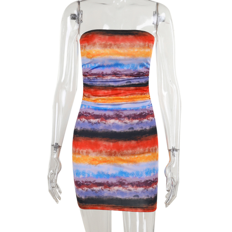 Tube Neck Fitted Waist Dress with Ombre Pattern Gradient Print Midi Dress