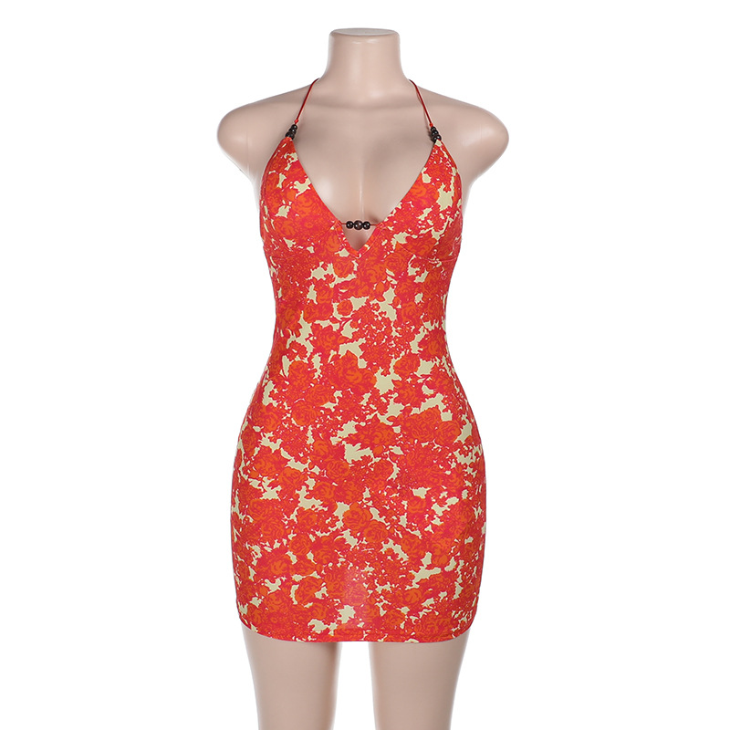 V-Neck Fitted Silhouette with Bold Pattern Printed Halter Neck Mini Dress