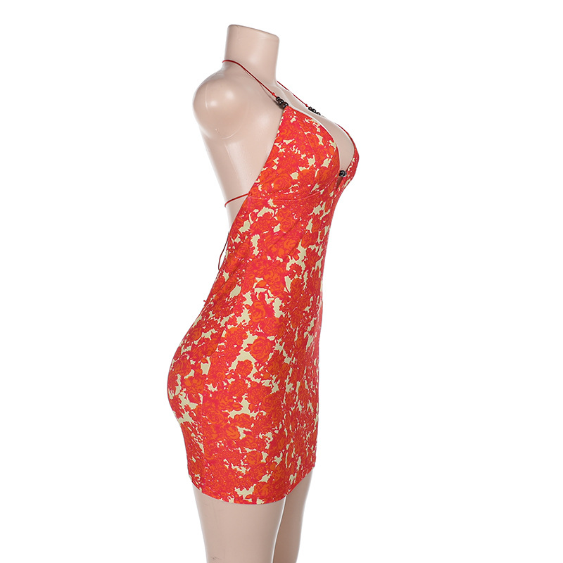 V-Neck Fitted Silhouette with Bold Pattern Printed Halter Neck Mini Dress