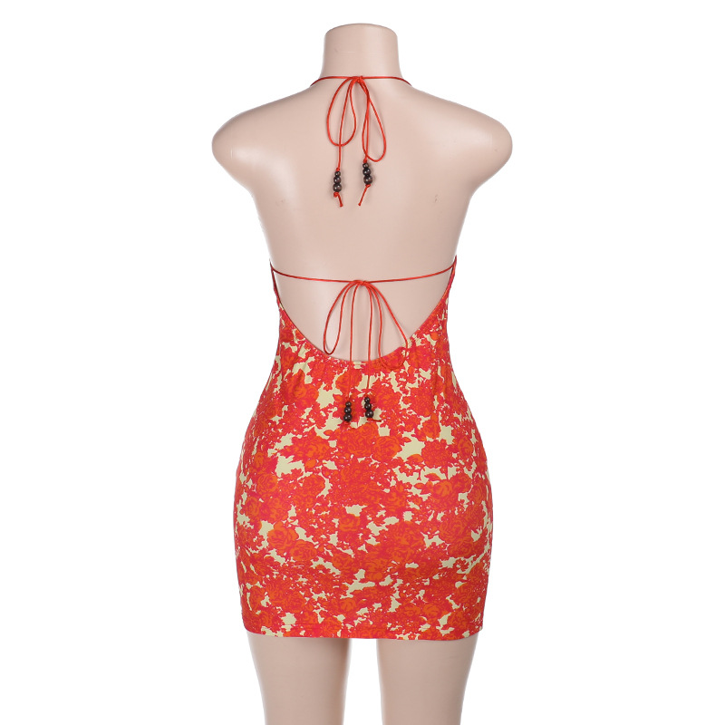 V-Neck Fitted Silhouette with Bold Pattern Printed Halter Neck Mini Dress