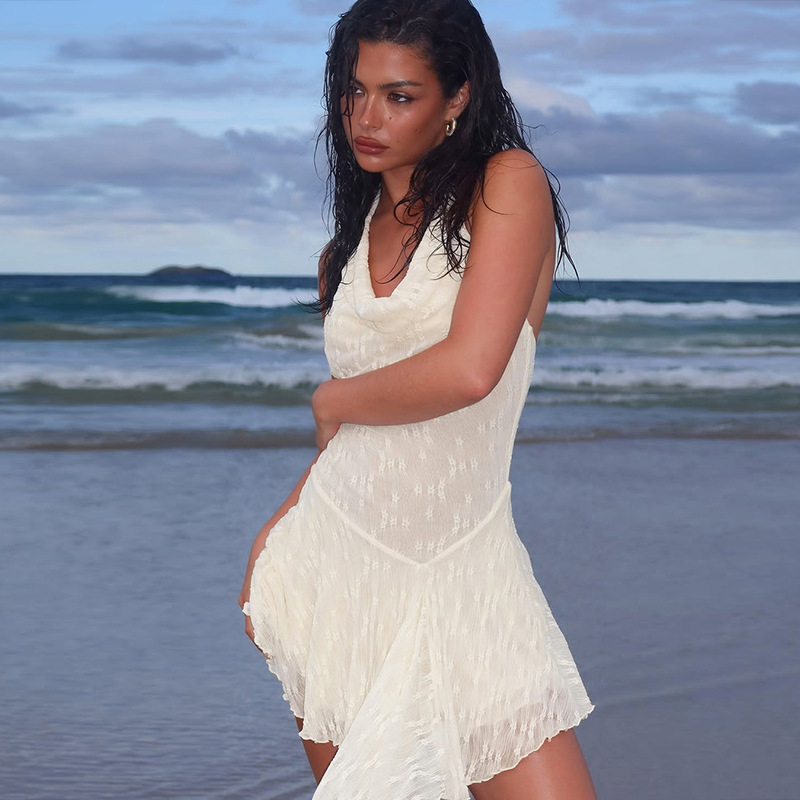 Back Cutout with Lace Insert & V-Neck Halter Neck Mini Dress