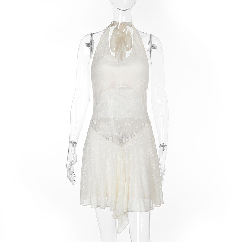 Back Cutout with Lace Insert & V-Neck Halter Neck Mini Dress