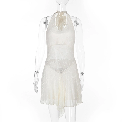 Back Cutout with Lace Insert & V-Neck Halter Neck Mini Dress 01