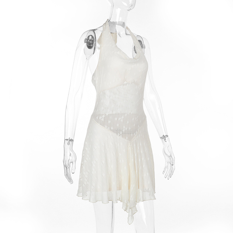 Back Cutout with Lace Insert & V-Neck Halter Neck Mini Dress