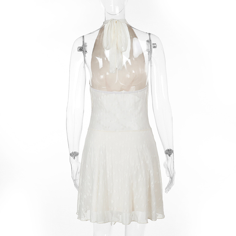 Back Cutout with Lace Insert & V-Neck Halter Neck Mini Dress