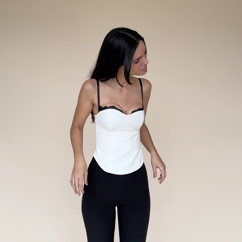 Contrast Color Lace Trim Fitted Tank