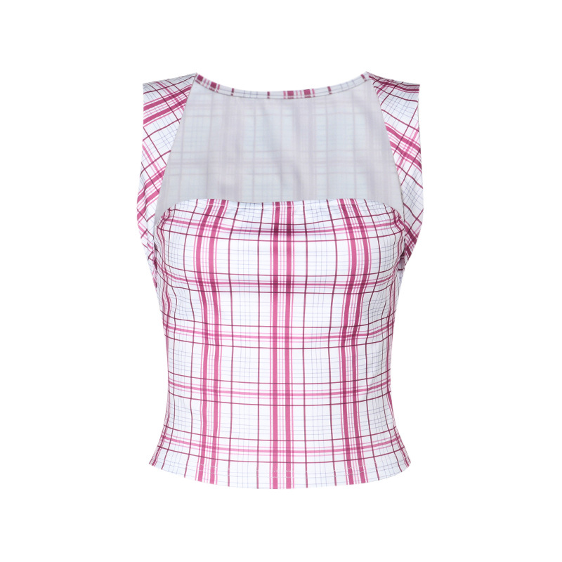 Fitted Short-Length Tank with Adjustable Straps & Gingham Pattern Plaid Crop Top