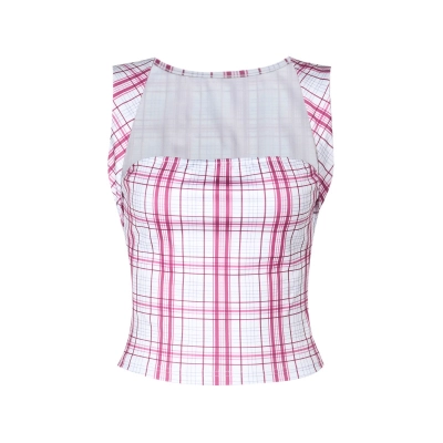 Fitted Short-Length Tank with Adjustable Straps & Gingham Pattern Plaid Crop Top 01