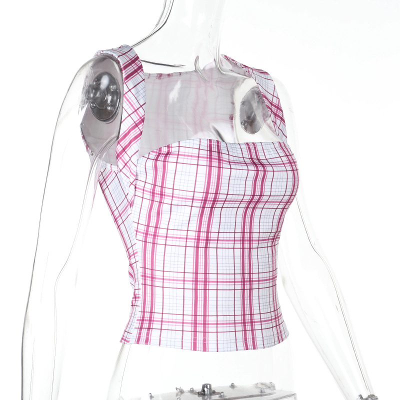 Fitted Short-Length Tank with Adjustable Straps & Gingham Pattern Plaid Crop Top