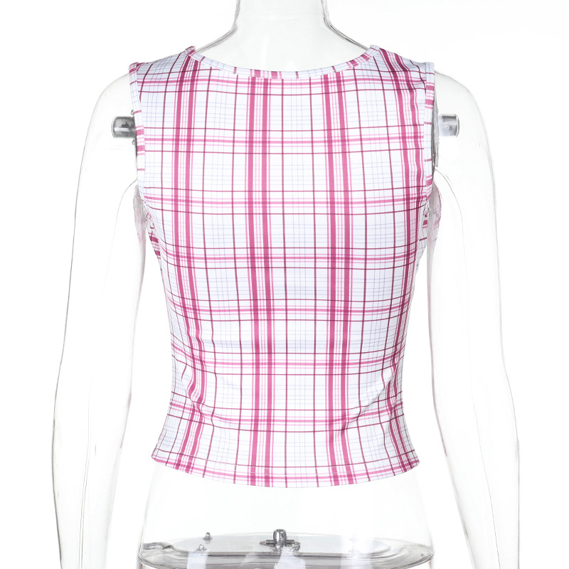 Fitted Short-Length Tank with Adjustable Straps & Gingham Pattern Plaid Crop Top