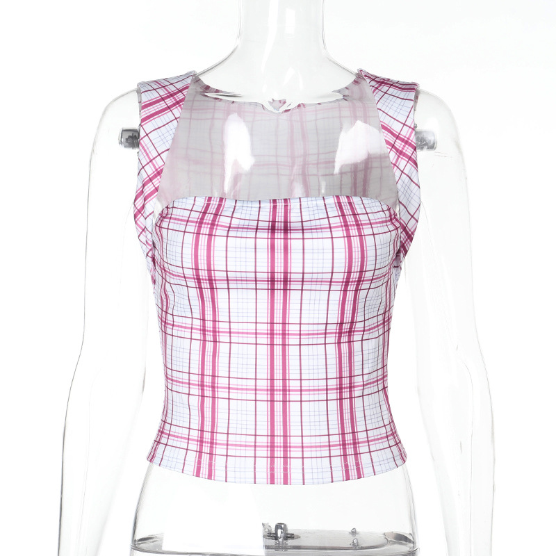 Fitted Short-Length Tank with Adjustable Straps & Gingham Pattern Plaid Crop Top