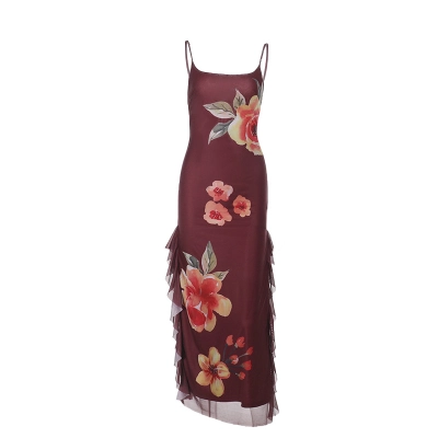 Sleeveless Slip Gown with Side Slit, Flowing Sash & Chiffon Overlay Floral Sheer Maxi Dress 01