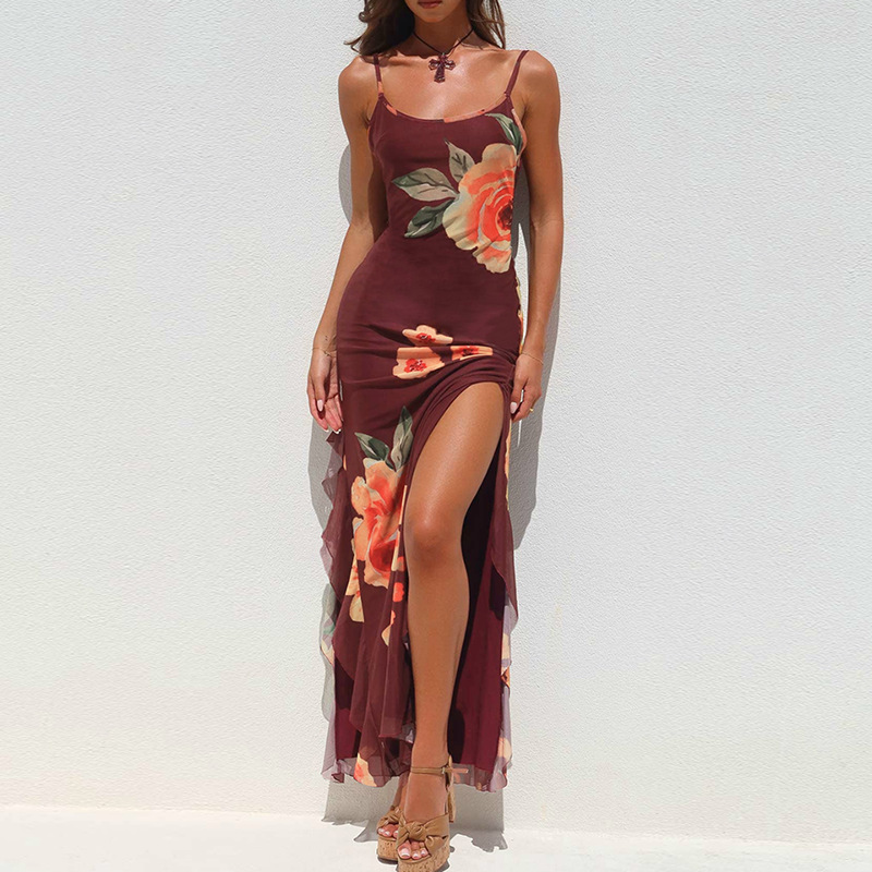Sleeveless Slip Gown with Side Slit, Flowing Sash & Chiffon Overlay Floral Sheer Maxi Dress