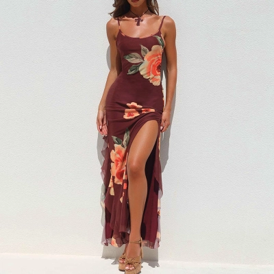 Sleeveless Slip Gown with Side Slit, Flowing Sash & Chiffon Overlay Floral Sheer Maxi Dress 02