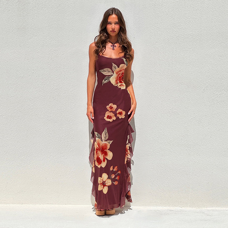 Sleeveless Slip Gown with Side Slit, Flowing Sash & Chiffon Overlay Floral Sheer Maxi Dress