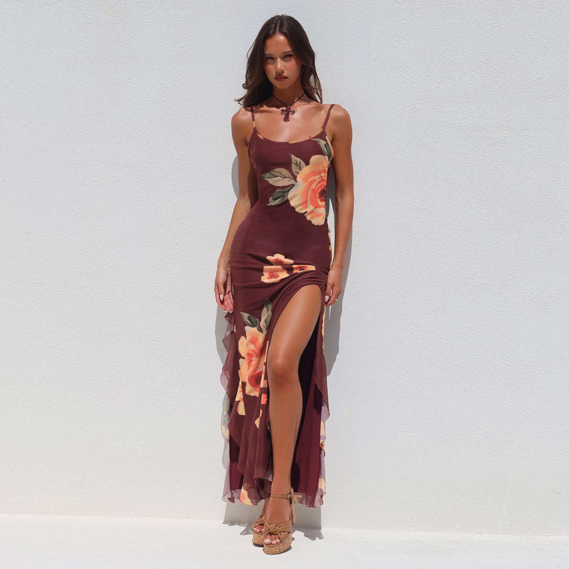 Sleeveless Slip Gown with Side Slit, Flowing Sash & Chiffon Overlay Floral Sheer Maxi Dress