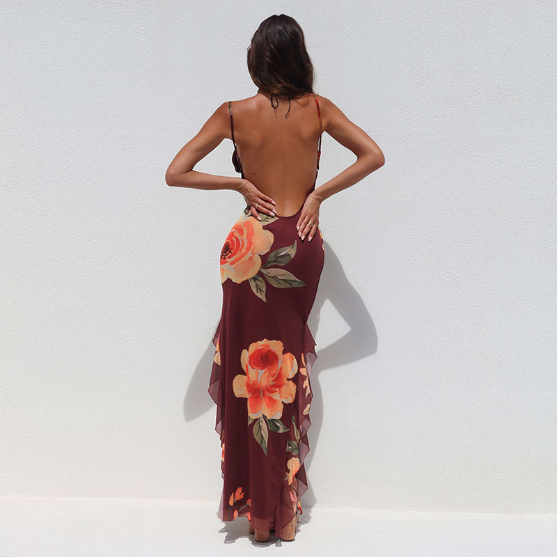 Sleeveless Slip Gown with Side Slit, Flowing Sash & Chiffon Overlay Floral Sheer Maxi Dress