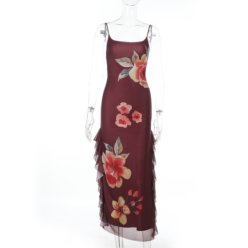 Sleeveless Slip Gown with Side Slit, Flowing Sash & Chiffon Overlay Floral Sheer Maxi Dress