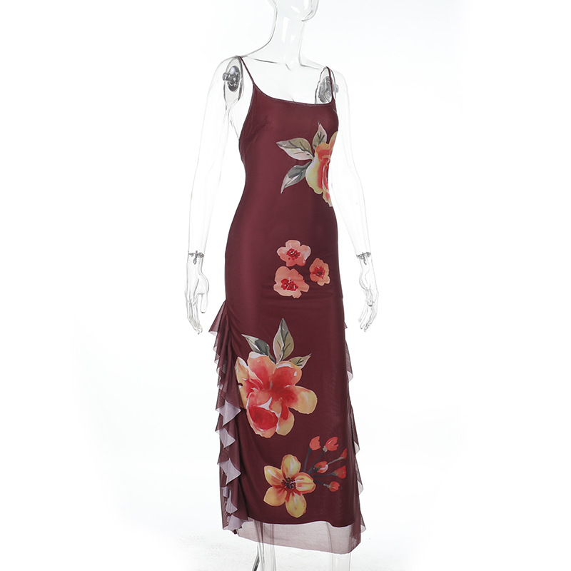 Sleeveless Slip Gown with Side Slit, Flowing Sash & Chiffon Overlay Floral Sheer Maxi Dress