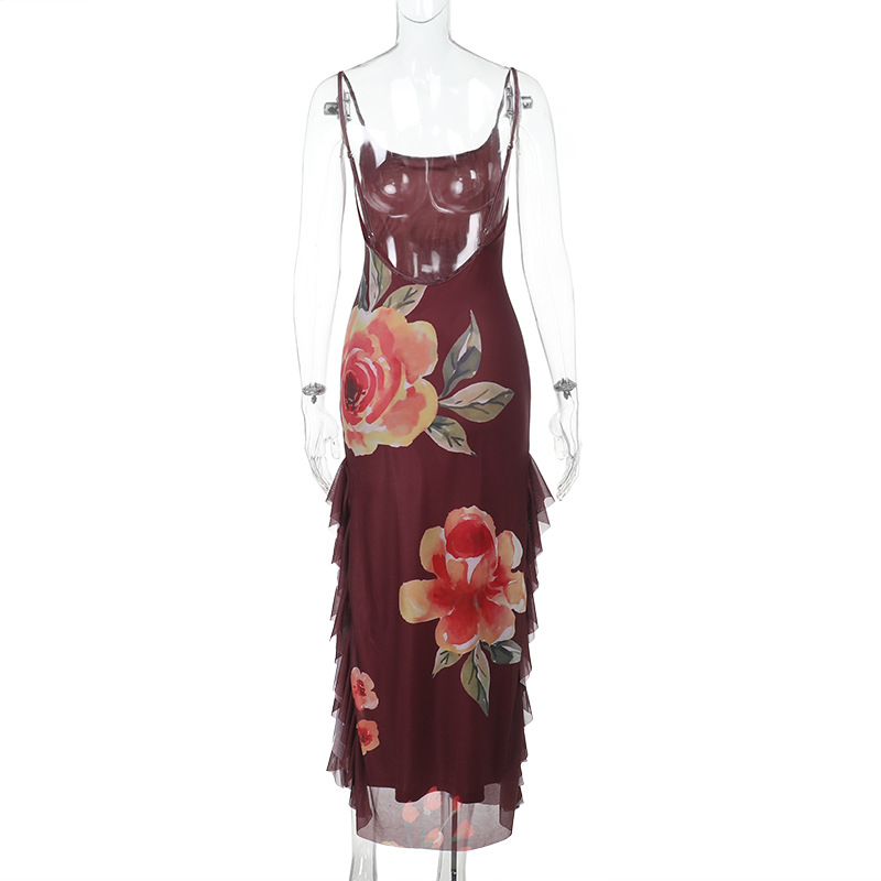 Sleeveless Slip Gown with Side Slit, Flowing Sash & Chiffon Overlay Floral Sheer Maxi Dress