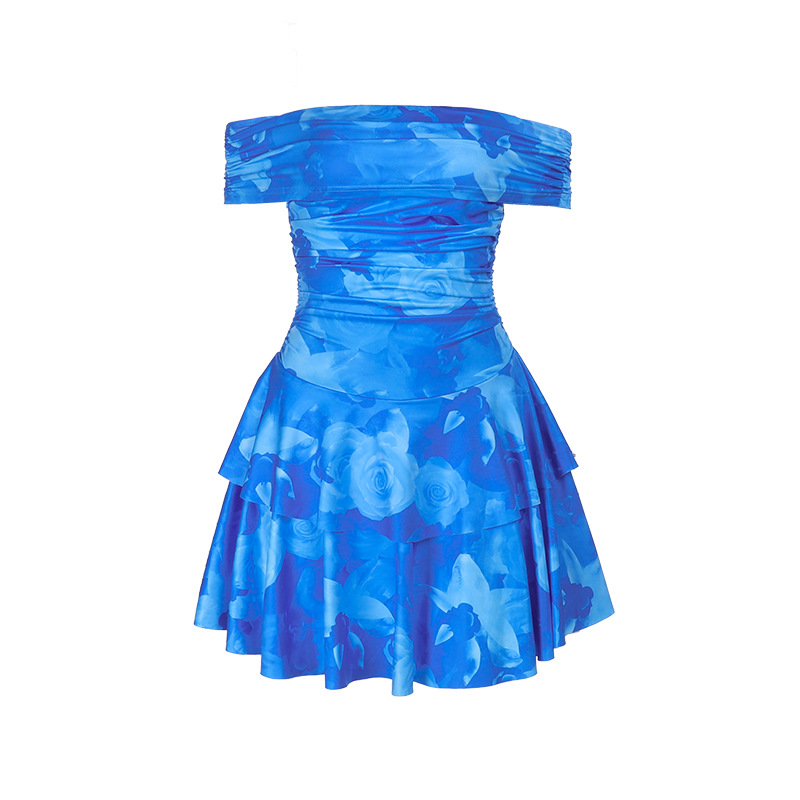 Floral Print with Smocked Bodice One-Shoulder Ruched Midi Dress