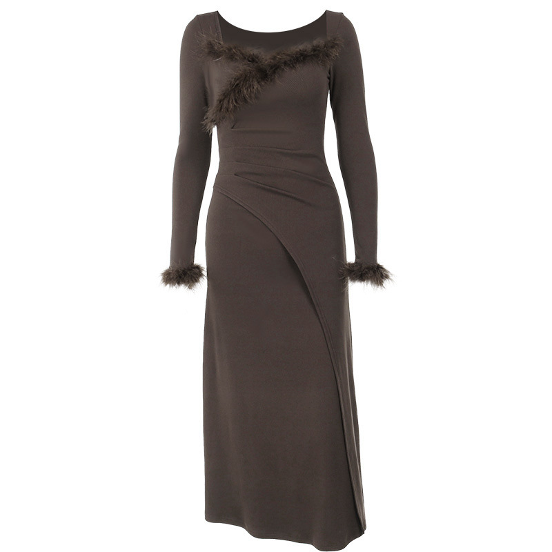 Sweet Heart Neck Fuzzy Trim Ruched Waist Cross Detail Feminine A-Line Dress