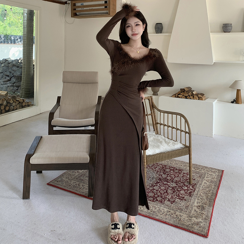 Sweet Heart Neck Fuzzy Trim Ruched Waist Cross Detail Feminine A-Line Dress