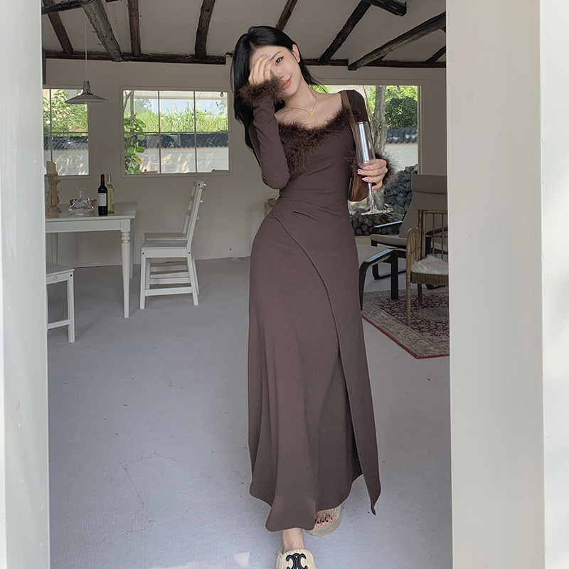 Sweet Heart Neck Fuzzy Trim Ruched Waist Cross Detail Feminine A-Line Dress