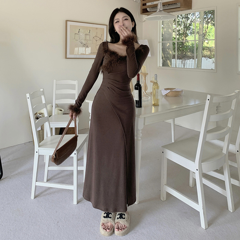 Sweet Heart Neck Fuzzy Trim Ruched Waist Cross Detail Feminine A-Line Dress