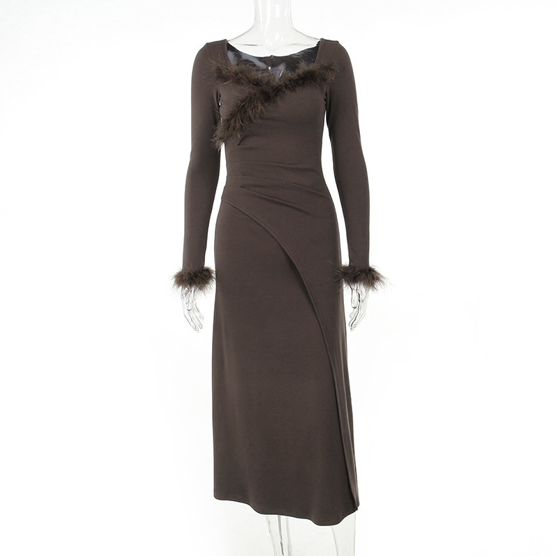 Sweet Heart Neck Fuzzy Trim Ruched Waist Cross Detail Feminine A-Line Dress