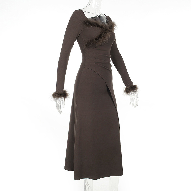 Sweet Heart Neck Fuzzy Trim Ruched Waist Cross Detail Feminine A-Line Dress