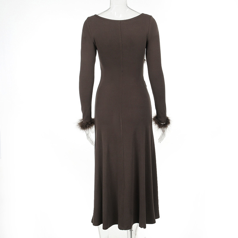 Sweet Heart Neck Fuzzy Trim Ruched Waist Cross Detail Feminine A-Line Dress