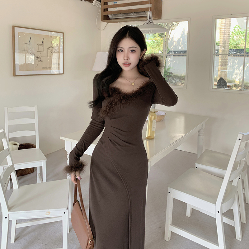 Sweet Heart Neck Fuzzy Trim Ruched Waist Cross Detail Feminine A-Line Dress