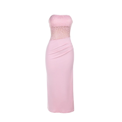Sexy Strapless Lace Pink Maxi Dress 01